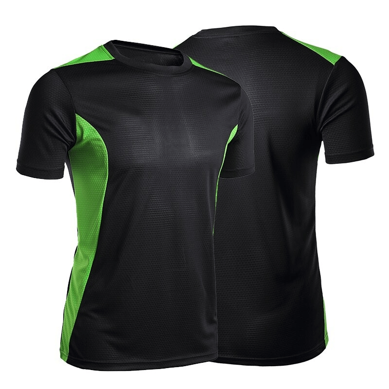 Men's black and green quick dry football t-shirt with short sleeves, perfect for gym, sports, and outdoor activities.