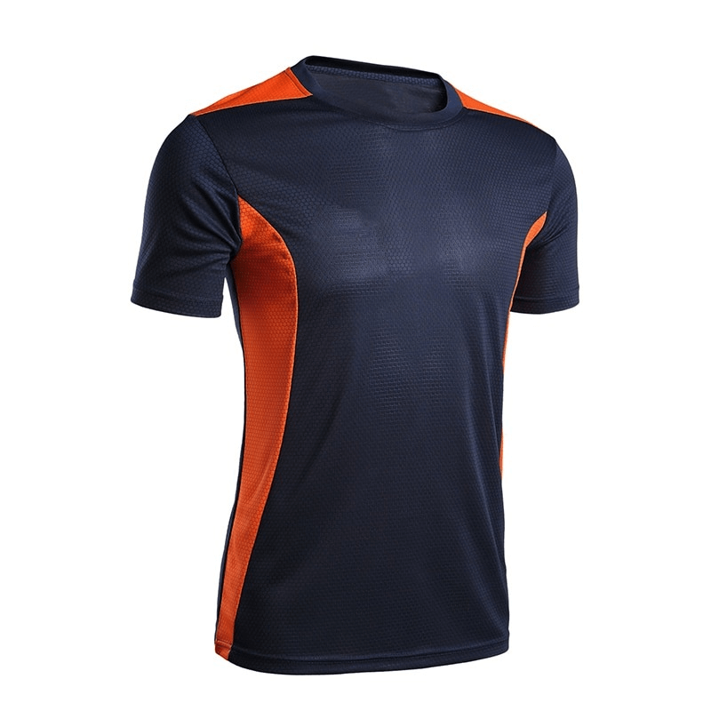 Men's quick-dry football t-shirt with short sleeves, breathable navy and orange design, ideal for sports, running, and training.
