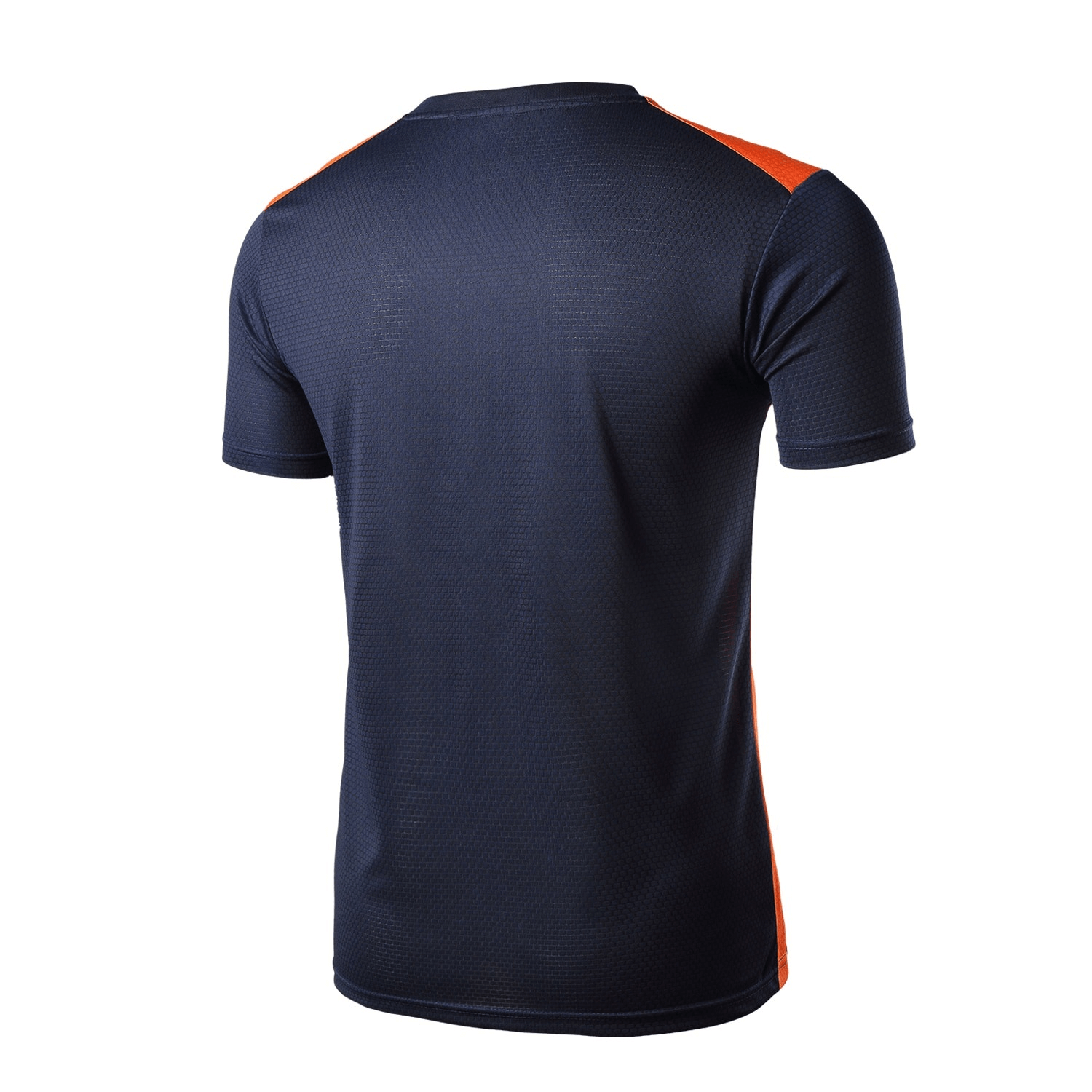Men's short sleeves quick dry navy football t-shirt with orange accents, ideal for gym, sports, running or outdoor activities.