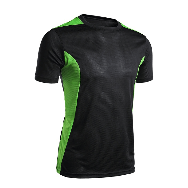 Men's short sleeve football t-shirt, black with vibrant green accents, quick-dry gym clothing perfect for sports and training.
