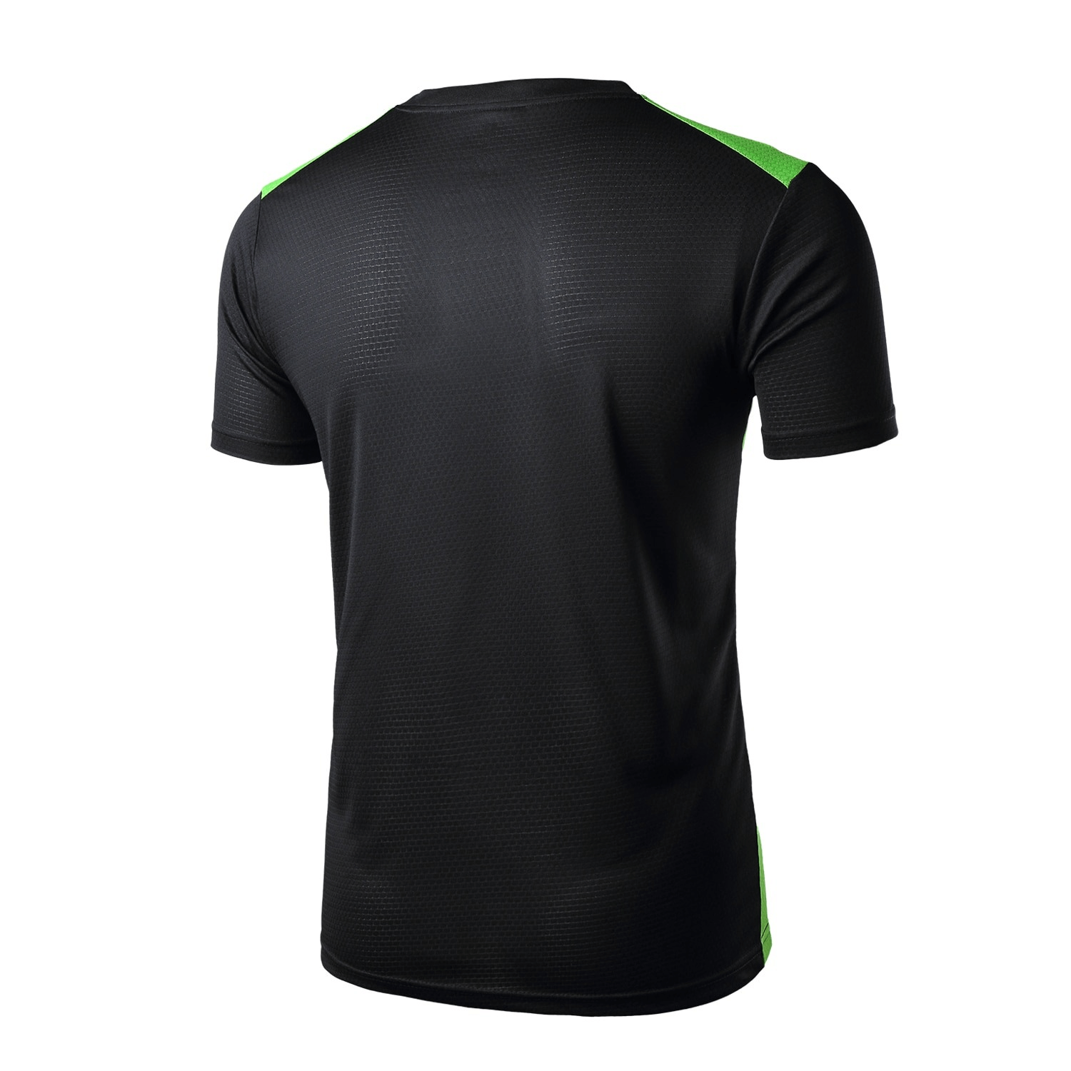 Men's quick dry black football t-shirt with green accents, short sleeves, breathable polyester fabric. Ideal for sports and outdoor activities.