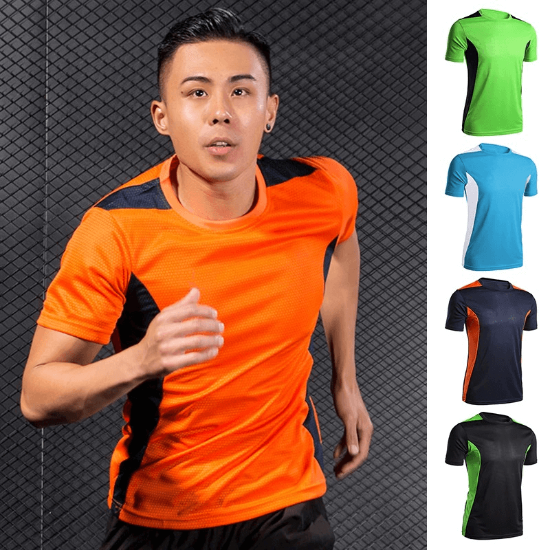 Man running in an orange short sleeve quick dry football t-shirt with options of green, blue, and black colors on display.