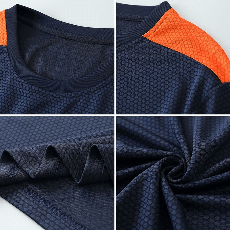 Men's quick dry football t-shirt in navy and orange, showing breathable polyester fabric and short sleeves ideal for sports and gym activities.