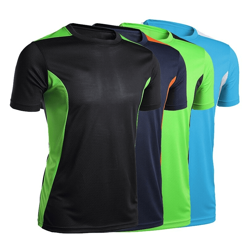 Men's short sleeve quick dry football t-shirts in vibrant colors, perfect for gym, sports, and outdoor activities.