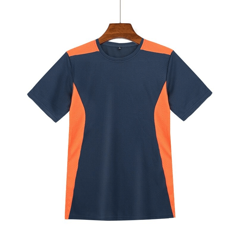 Men's quick dry football t-shirt, blue with orange accents, short sleeves, breathable polyester for gym, sports, and outdoor activities.