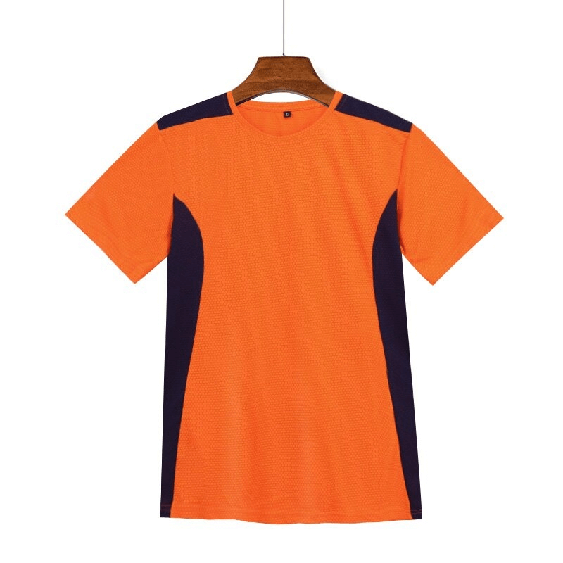 Men's quick dry orange football t-shirt with black accents, ideal for sports, running, and gym. Lightweight and breathable design.