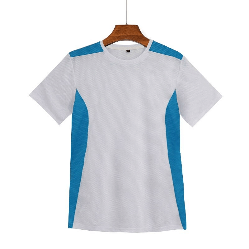 White and blue men's quick dry football t-shirt, short sleeves, ideal for sports and outdoor activities, made from breathable polyester fabric.