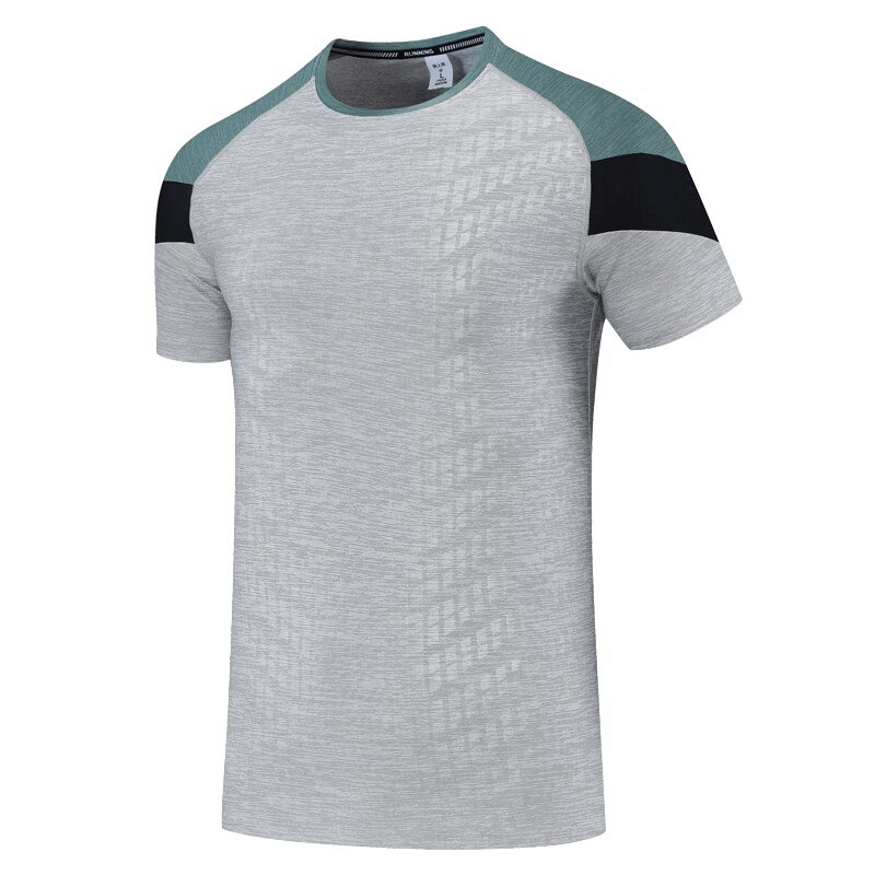 Stylish men's short sleeves gym t-shirt in gray with contrast sleeves, fast-dry breathable fabric, perfect for workouts.