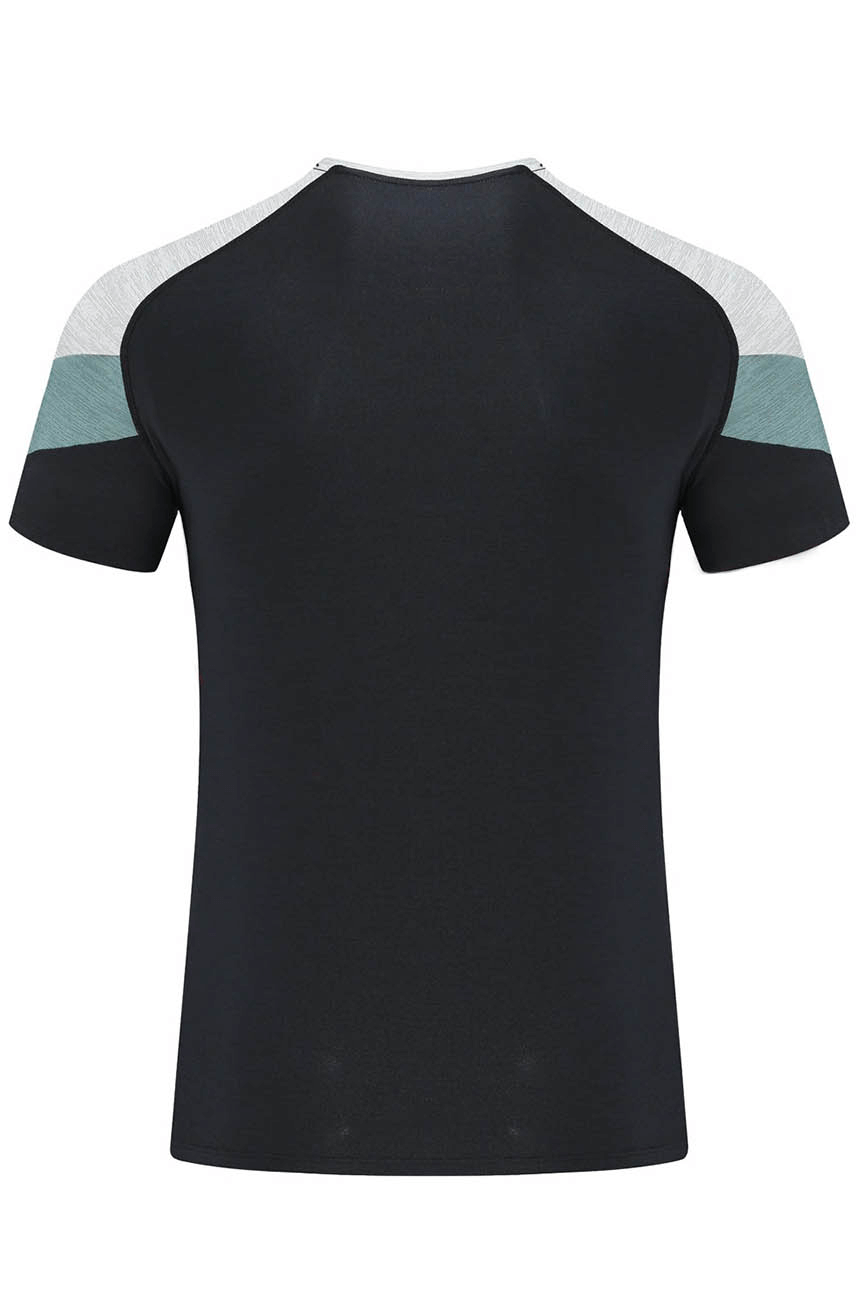 Men's short sleeve fast dry breathable gym t-shirt, back view in black with stylish color-block sleeves, SF0271