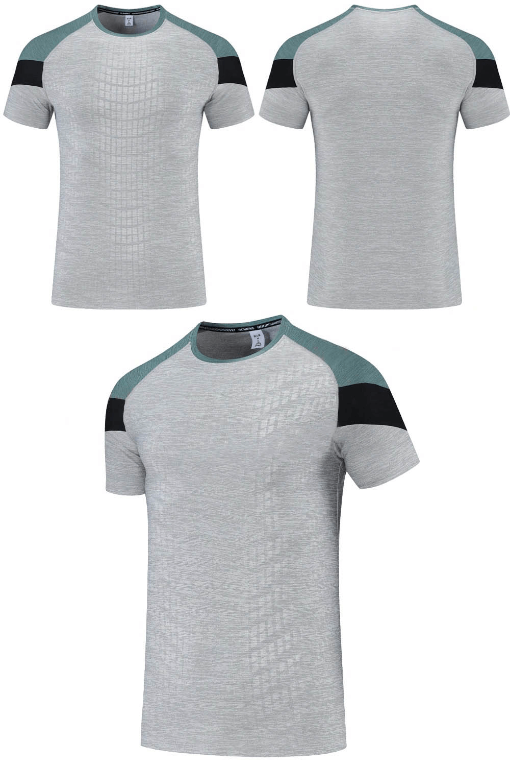 Men's grey short sleeves gym t-shirt, fast dry breathable tee, stylish design with black and green accents, front and back view, SF0271