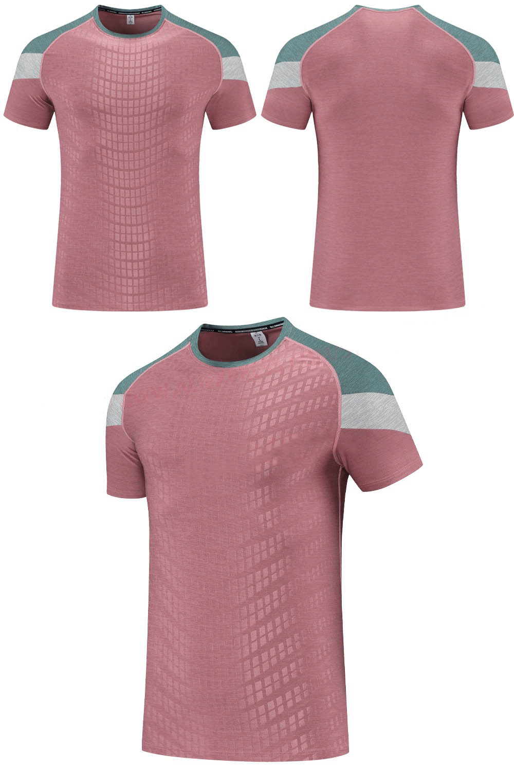 Men's pink short sleeve gym t-shirt with grey accents, showcasing a breathable, fast-dry design ideal for workouts and casual wear.