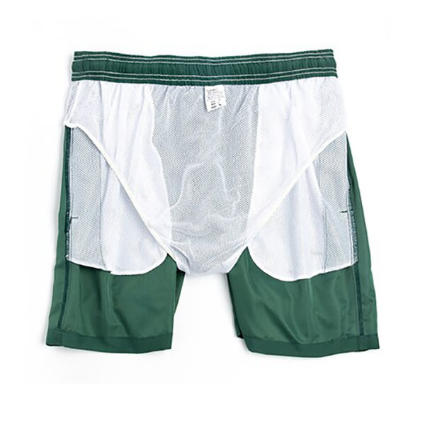 Men's solid color swim shorts with pockets in green, featuring quick-drying polyester fabric and a comfortable inner lining.