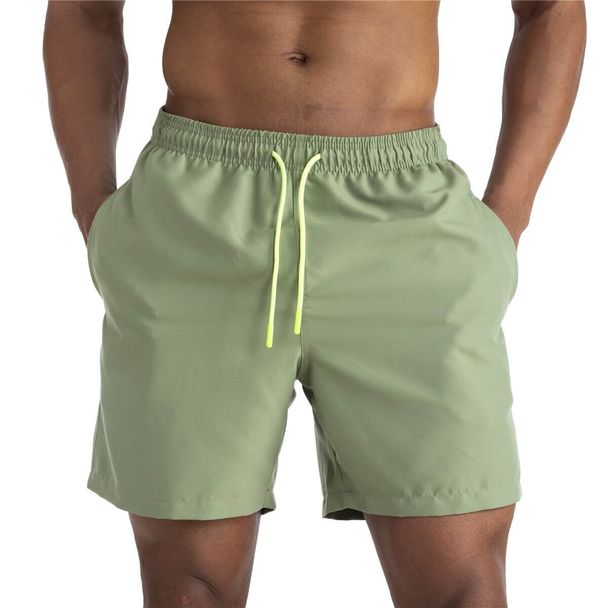 Men's solid color boardshorts with pockets and drawstring, made of lightweight polyester for swimwear comfort and style, SF0831.