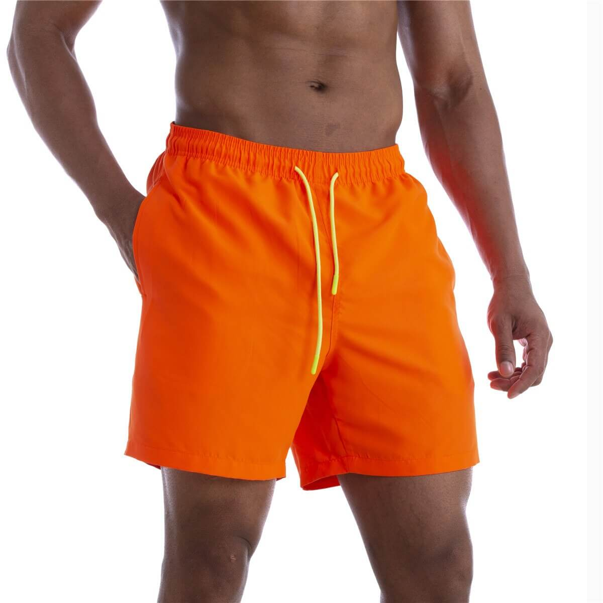 Men's solid color boardshorts with pockets in vibrant orange, featuring a drawstring waistband for a snug fit, perfect for swimming.