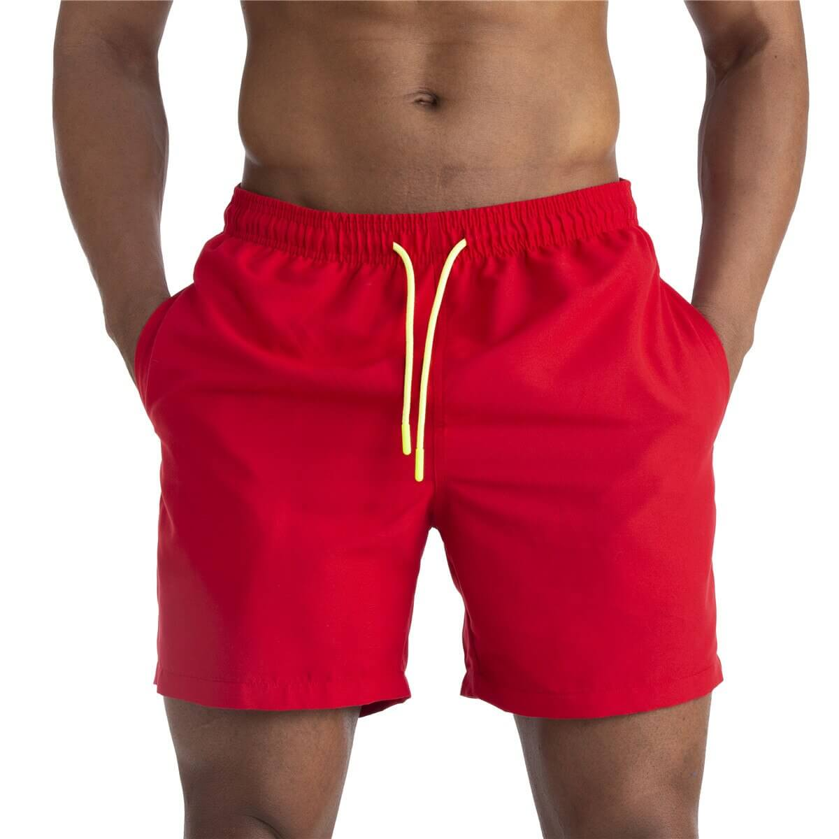 Red men's solid color boardshorts with pockets, featuring a drawstring for custom fit. Quick-drying, durable polyester swimwear.