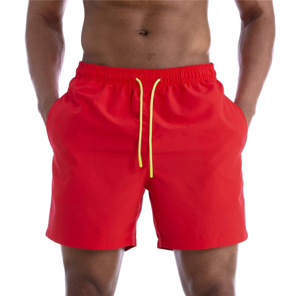 Men's solid color red boardshorts with yellow drawstring, featuring pockets for swimwear