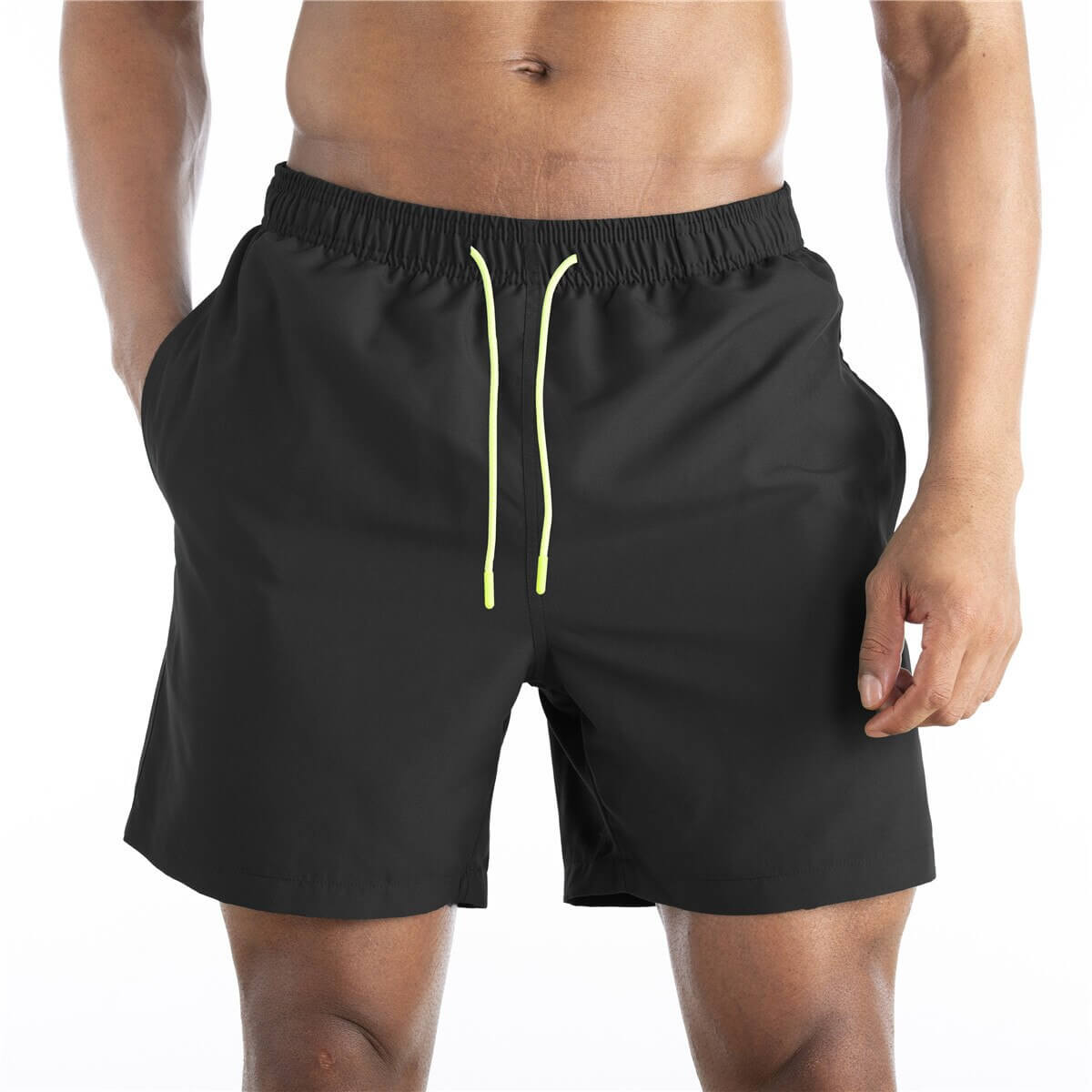 Men's solid color boardshorts with pockets and drawstring, ideal swimwear for comfort and style. Lightweight, quick-drying polyester.