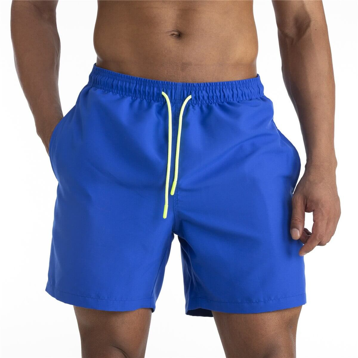 Men's solid blue boardshorts with pockets and drawstring, swimwear SF0831 made from quick-drying polyester for comfort and style.
