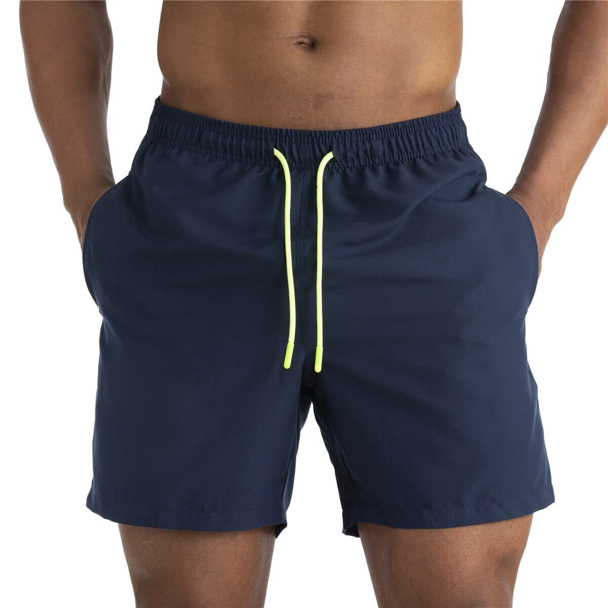 Men's solid color boardshorts with pockets in navy blue, featuring a comfortable drawstring waistband for custom fit, SF0831