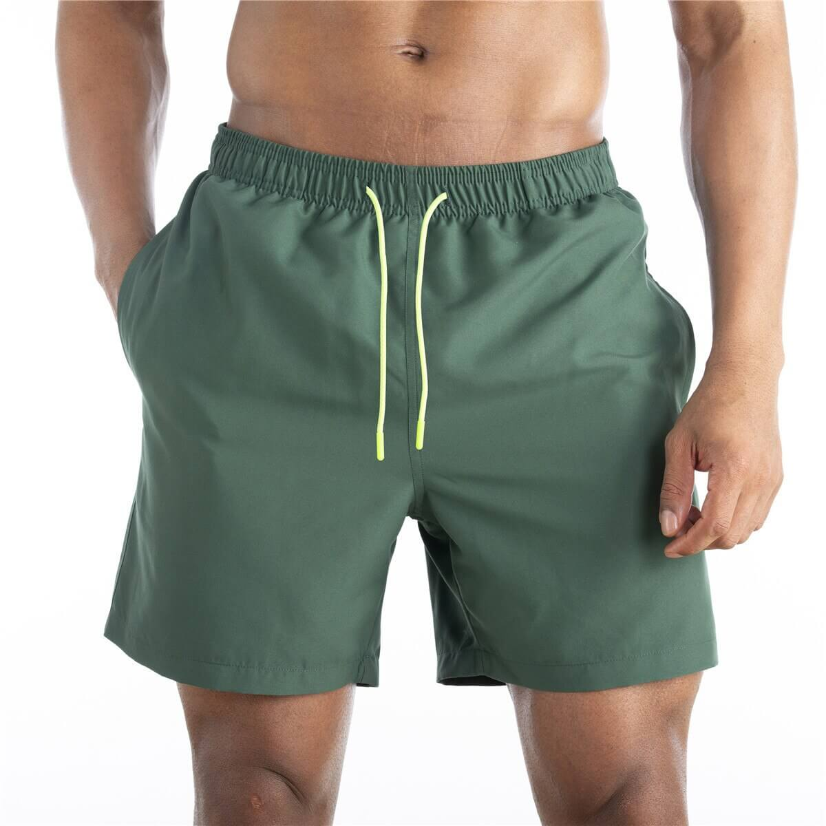Men's solid color green boardshorts with pockets, perfect for swimming, lightweight polyester, drawstring waist for comfort - SF0831