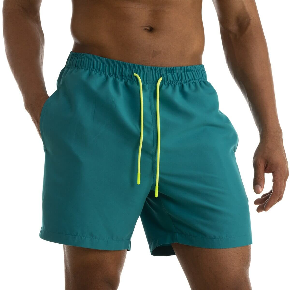 Men's solid color teal boardshorts with pockets and yellow drawstring, perfect swimwear for comfort and style, made of quick-dry polyester.