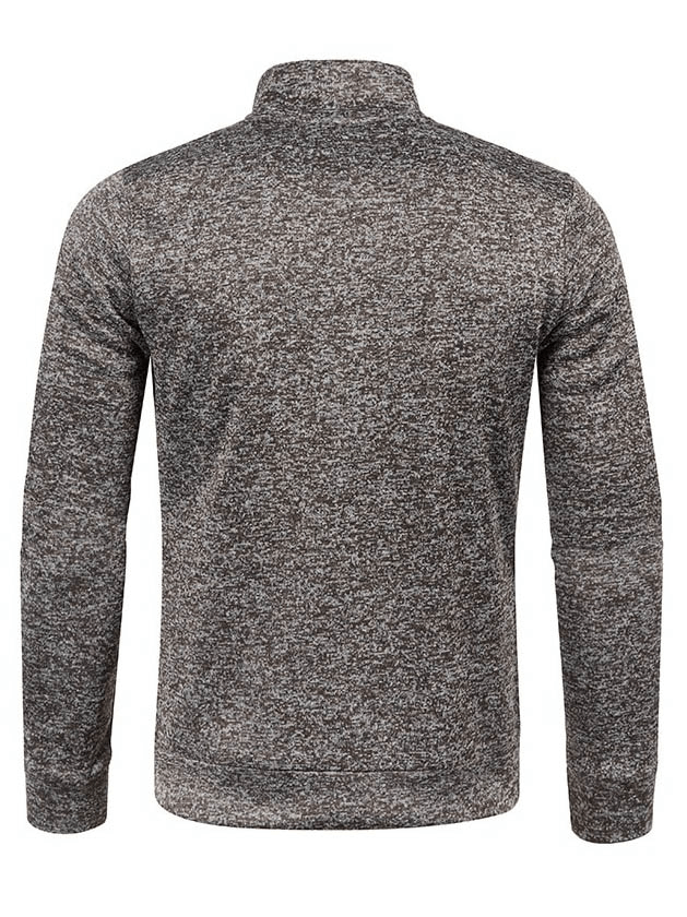 Back view of men's gray solid color sweatshirt with half zipper and turtleneck.