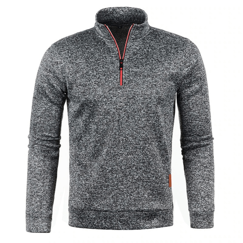 Gray men's thicker half-zip sweatshirt with turtleneck collar, cozy and stylish, perfect for casual wear and everyday comfort.