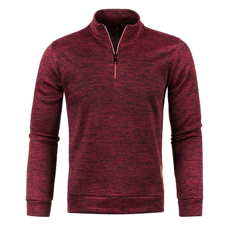 Men's red solid color thicker sweatshirt with half zipper, turtleneck collar, and full sleeves. Perfect for casual style and warmth.