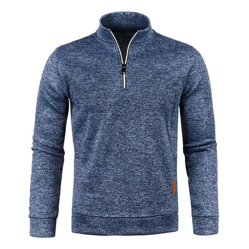 Men's solid color thicker sweatshirt with half zipper, turtleneck collar, long sleeves in blue. Ideal for style and warmth. Model SF0410.
