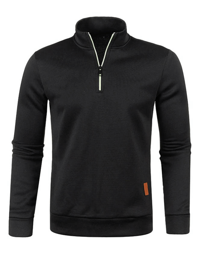 Men's thick black sweatshirt with half zipper and turtleneck, polyester fabric, full sleeves, casual style, SF0410.