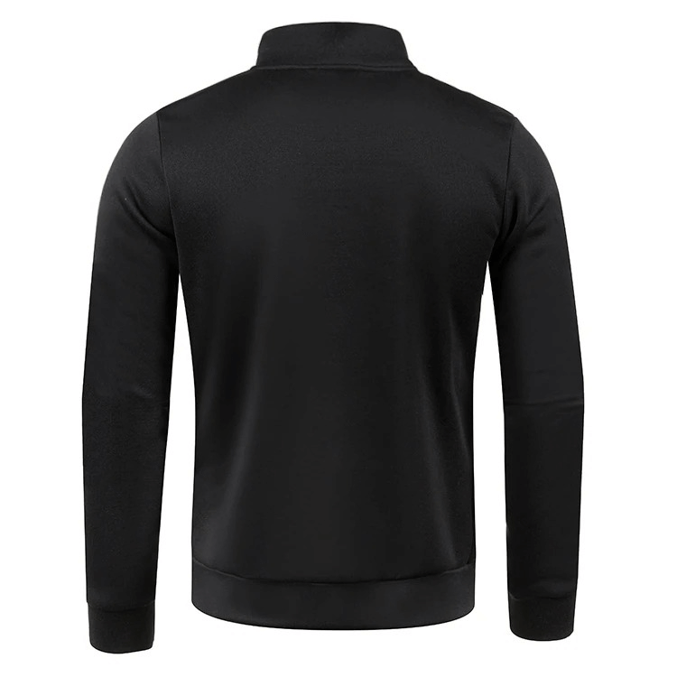Men's black thicker sweatshirt with half zipper and turtleneck collar, perfect for casual comfort and style. Back view of the garment.