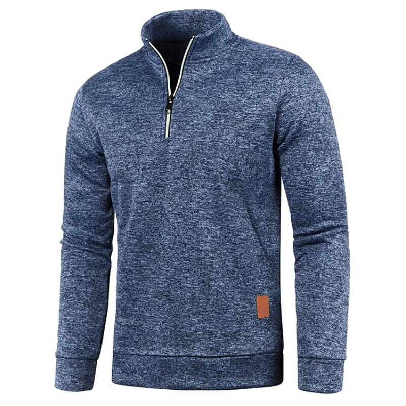 Men's blue solid color sweatshirt with half zipper and turtleneck. Perfect for casual style and warmth, made of durable polyester.