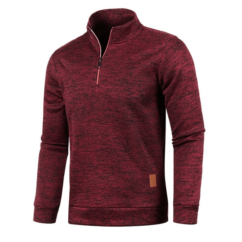 Men's burgundy sweatshirt with half zipper and turtleneck collar, perfect for style and warmth.