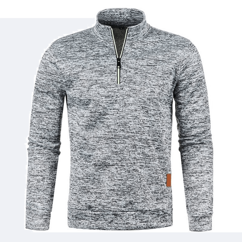 Men's gray thicker sweatshirt with half zipper and turtleneck, polyester fabric, casual style, full sleeves, ideal for warmth and comfort.