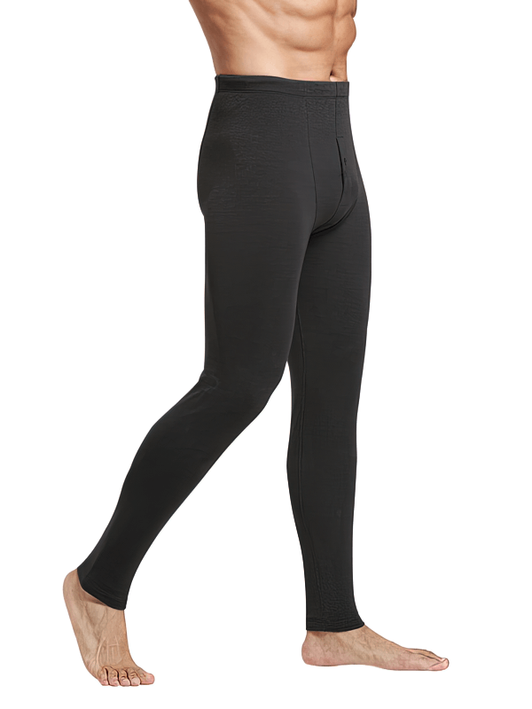 Men's solid color tight thermal pants with elastic waistband, heavyweight fabric, ideal for warmth and casual wear.