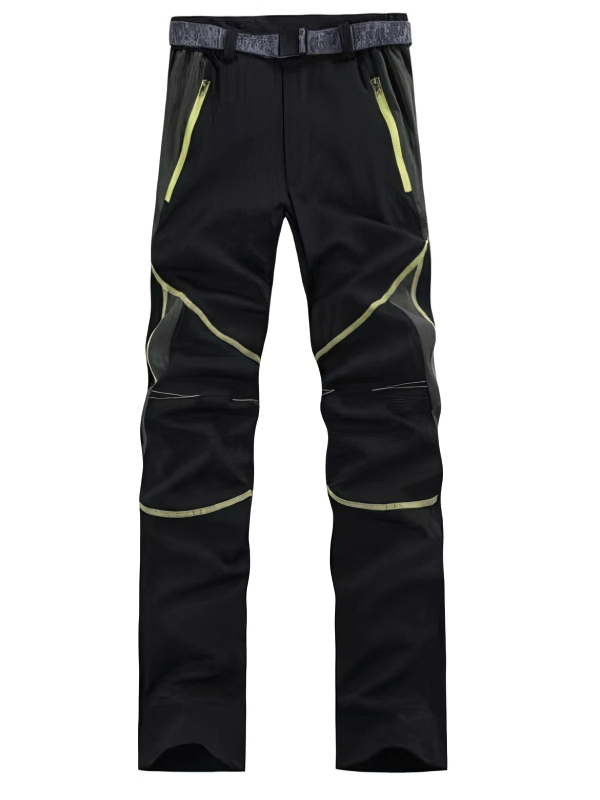 Men's Sports Breathable Quick-Drying Hiking Pants in black with green zippers, featuring durable polyester and windproof design.