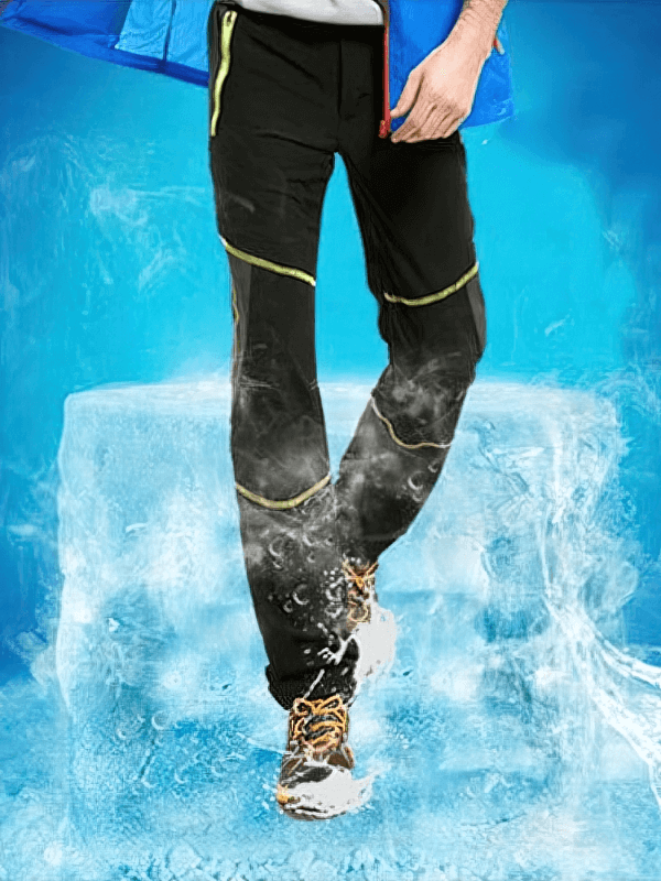 Men's breathable quick-drying hiking pants showcasing water resistance on icy terrain.