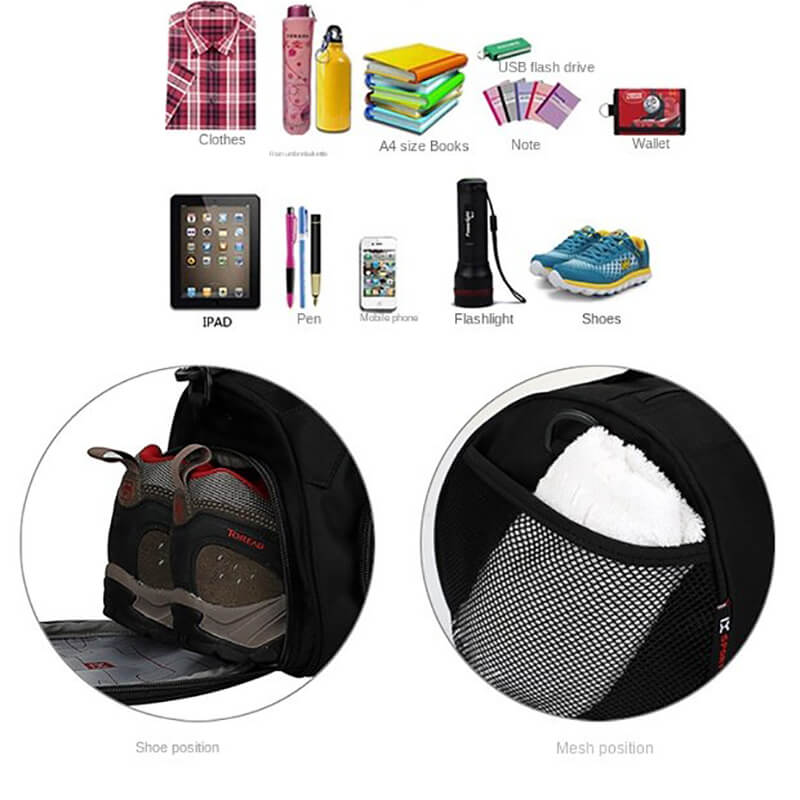 Men's Sports Crossbody Bag with shoes and mesh compartments; space for clothes, bottle, and accessories; perfect for gym enthusiasts.