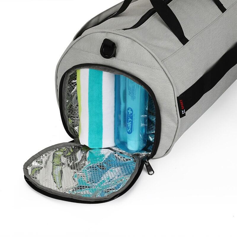 Men's sports crossbody bag with open separate shoes compartment, shown in solid color design, ideal for gym with 20-35L capacity.