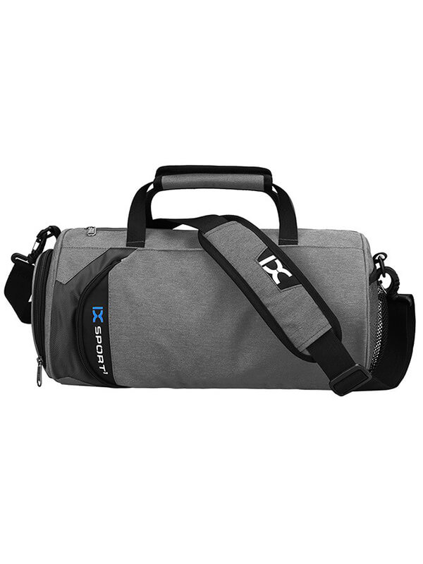 Men's grey sports crossbody bag with separate shoes compartment, 20-35L capacity, made from durable terylene and oxford materials.