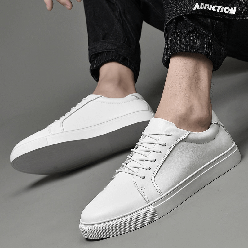 Men's leather sneakers with flexible flat sole and lace-up closure in white, featuring breathable comfort and stylish look - SF1177