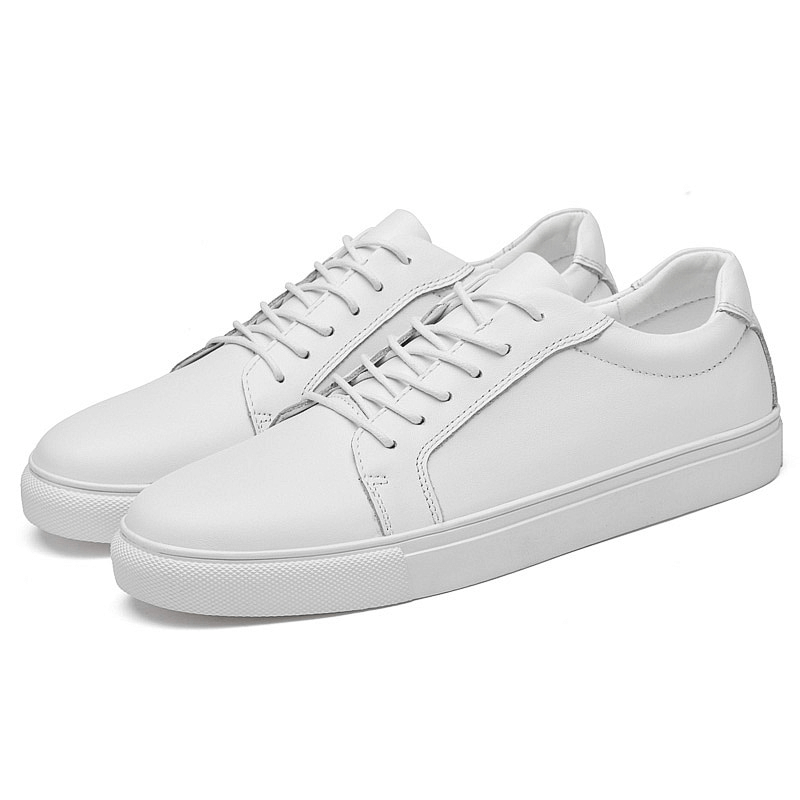 Men's leather sports sneakers with flexible flat sole, SF1177, massage insole, lace-up, white color, stylish and comfortable design.