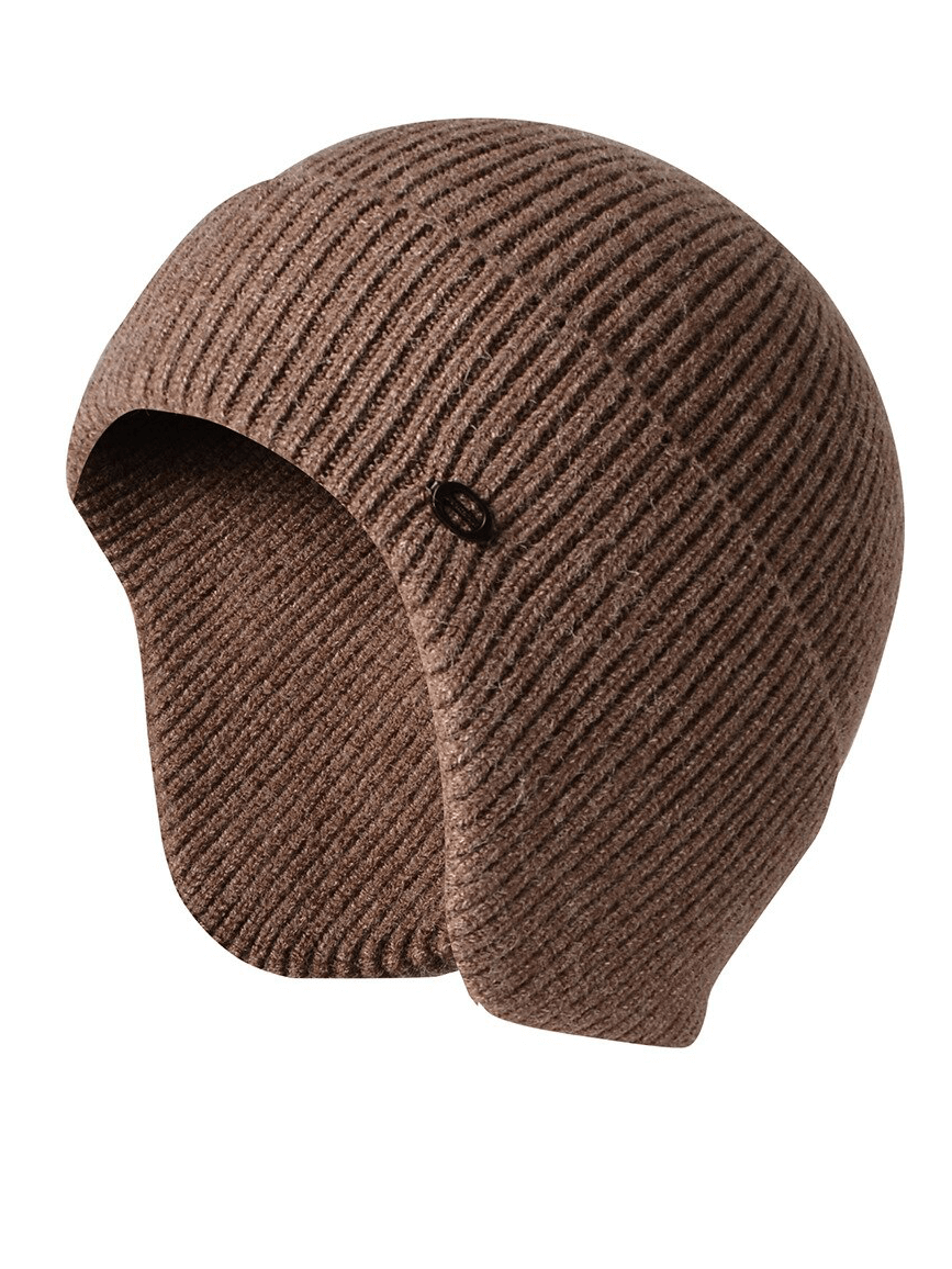 Men's knitted earflaps bonnet hat in camel, warm sports running accessory with textured exterior and faux fur lining, model SF1193.
