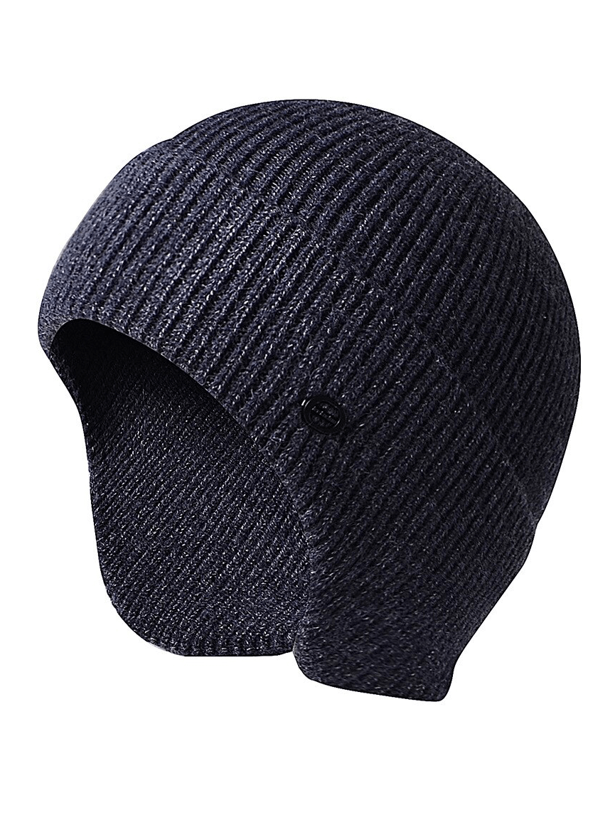 Navy blue men's knitted running hat with earflaps, featuring wind-protective texture and warm faux rabbit fur lining - SF1193