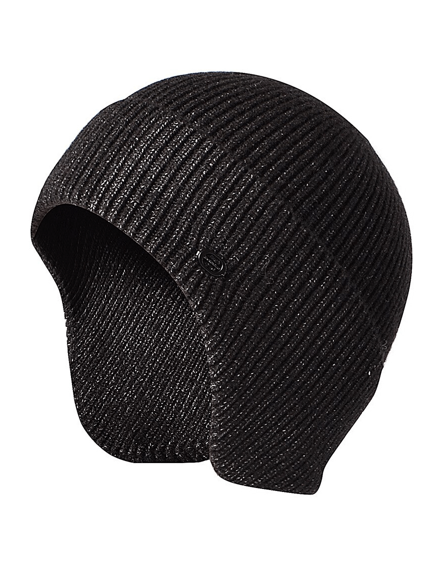 Men's black knitted running bonnet hat with earflaps, warm faux rabbit fur lining, perfect for outdoor sports, style SF1193.
