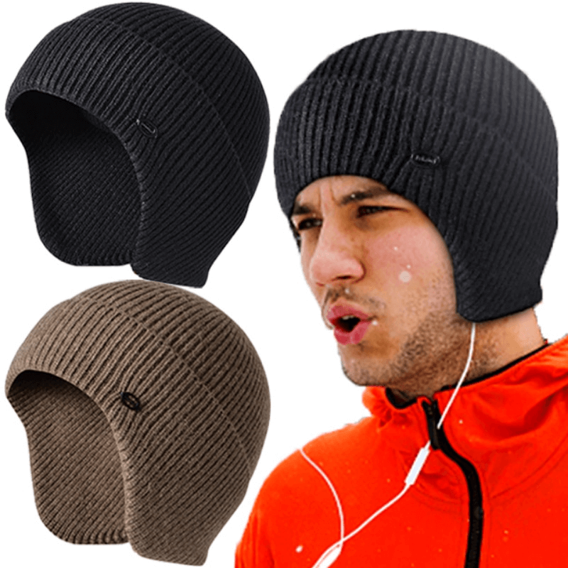 Men's sports knitted earflaps hat with faux fur lining in black, charcoal, and camel, perfect for warm and stylish winter runs.