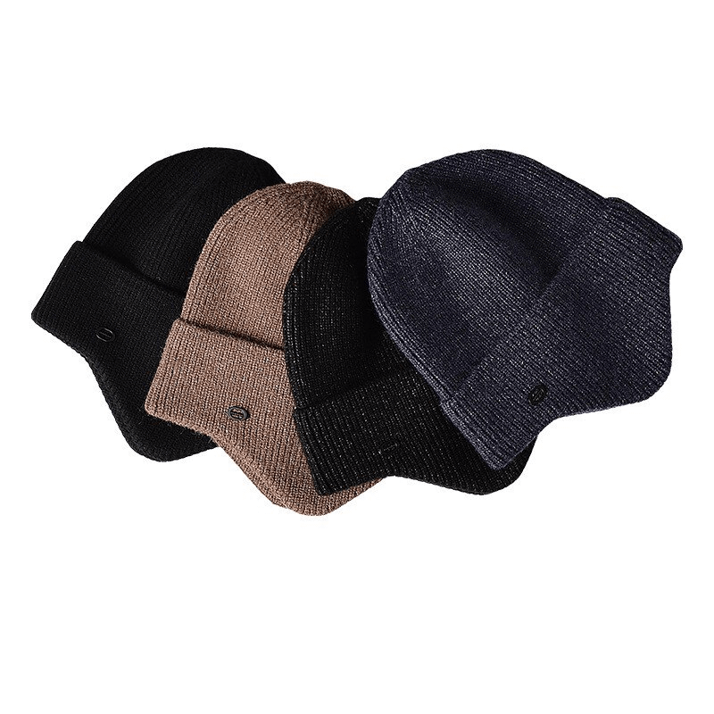 Men's sports running hats with knitted earflaps in black, charcoal, navy, and camel colors, featuring warm faux rabbit fur lining.