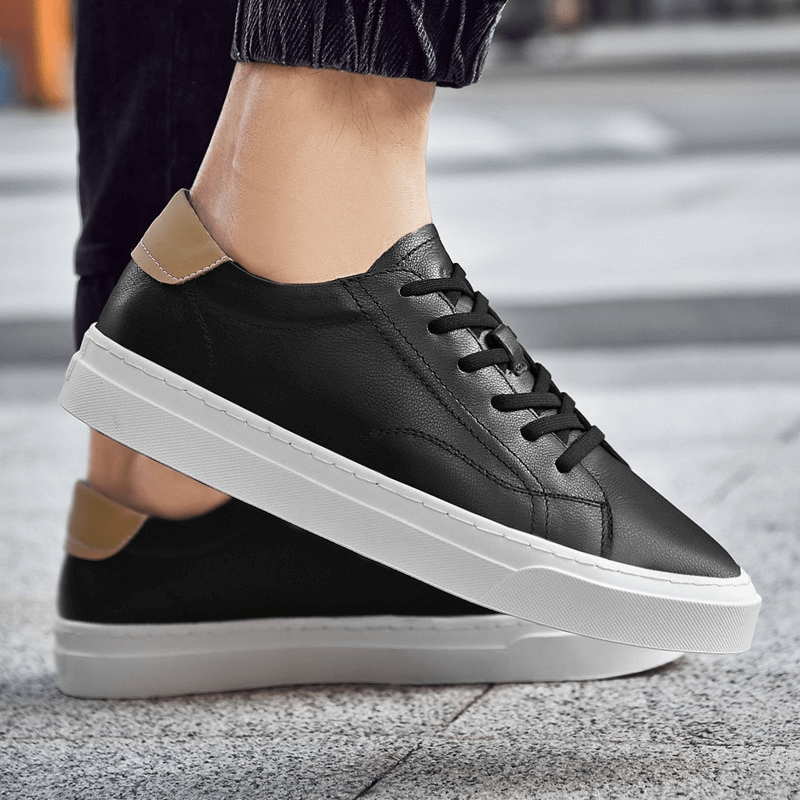 Men's black sporty flexible flat sole sneakers with genuine leather uppers, ideal for casual wear and all-day comfort - SF1172