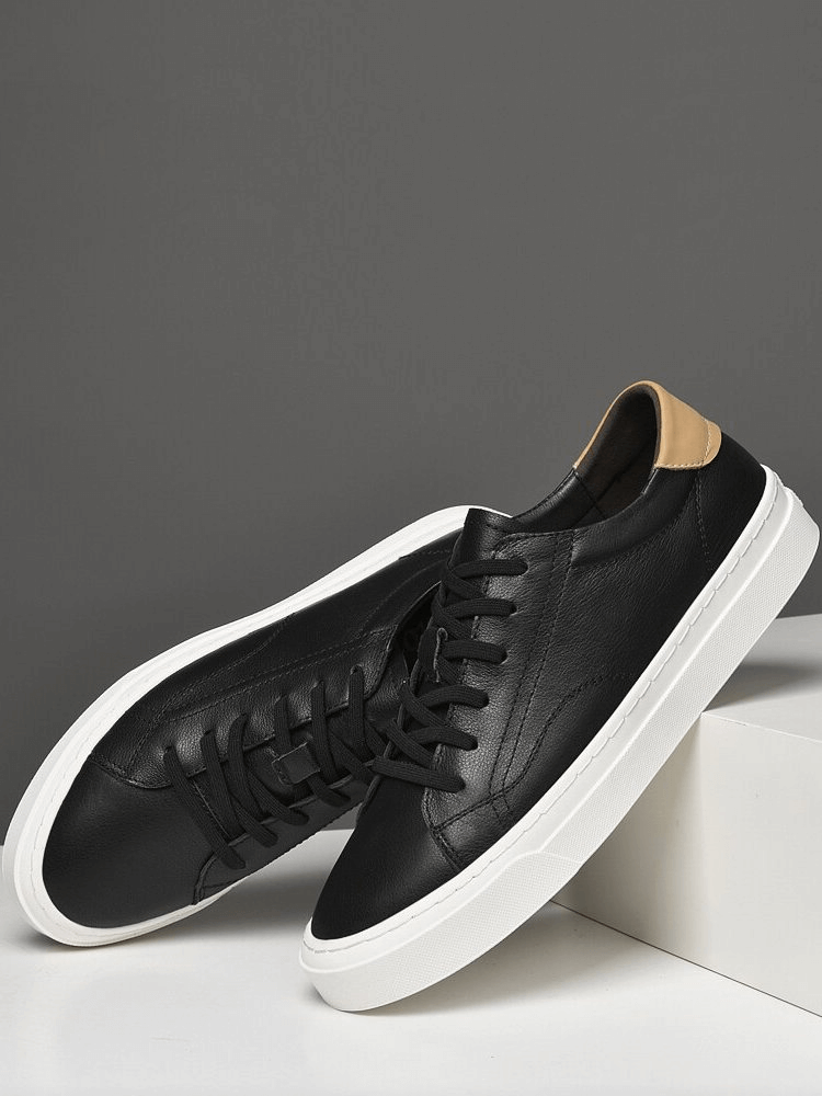 Men's sporty black flexible flat sole sneakers with genuine leather uppers and full-grain insoles, perfect for casual wear - Model SF1172.