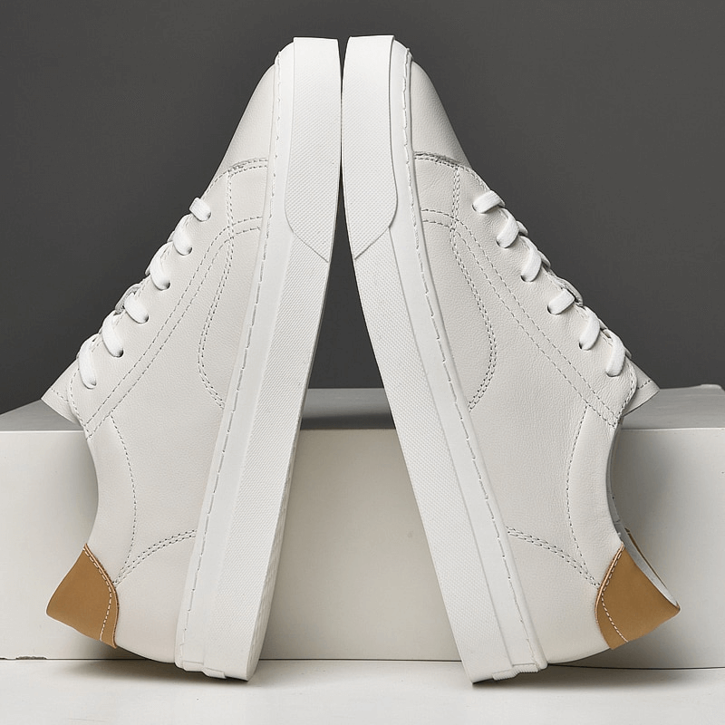 Men's sporty flexible flat sole sneakers SF1172, white with brown accents, lace-up, genuine leather, casual shoes for ultimate comfort